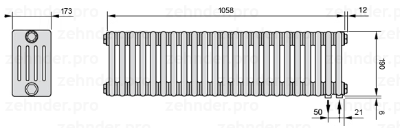 Схема (чертеж) Радиатор Zehnder Charleston 5019/23 №5510 Белый глянцевый RAL 9016